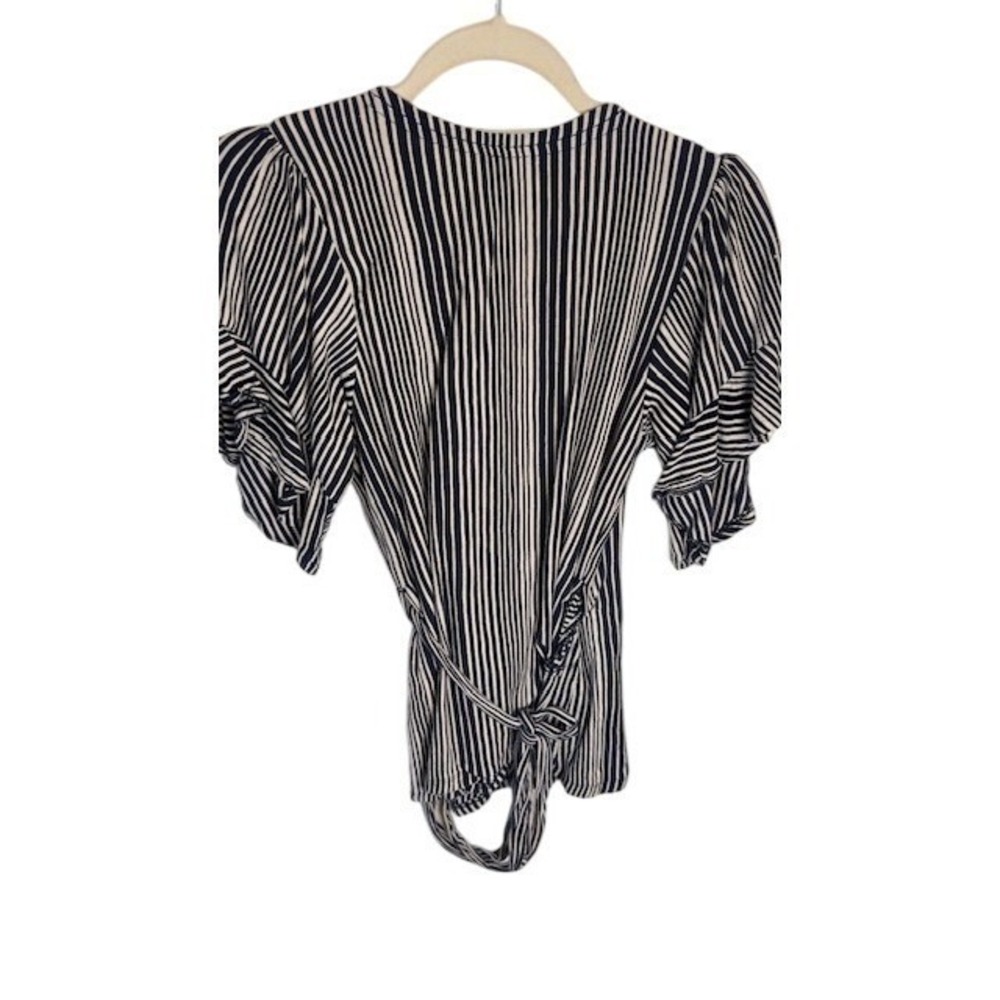 Free People Wrap Top Womens S Navy Blue Stripe Puff Sleeve Ruffle Cotton